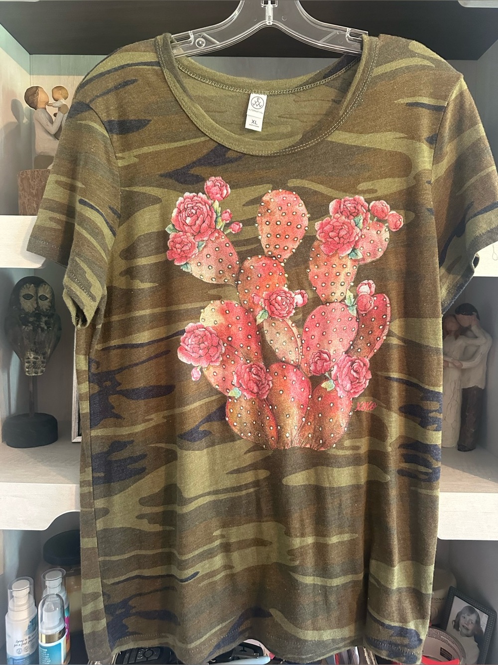 Alternative Olive Camo Tee with Pink Floral Cactus Print